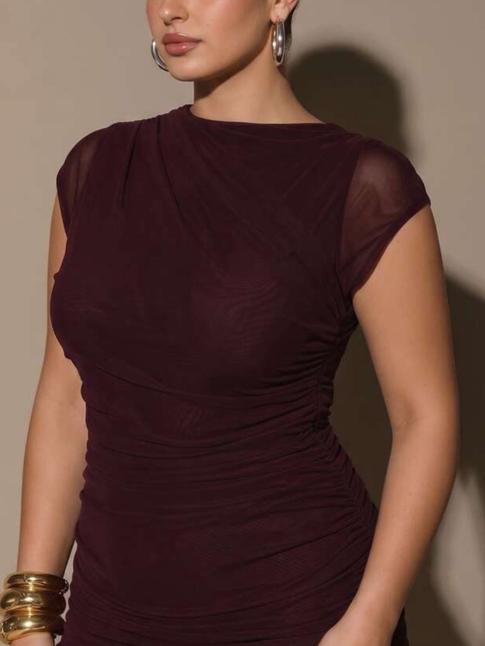 Elegant Burgundy Ruched Sheer Maxi Dress - Picture 5 of 6